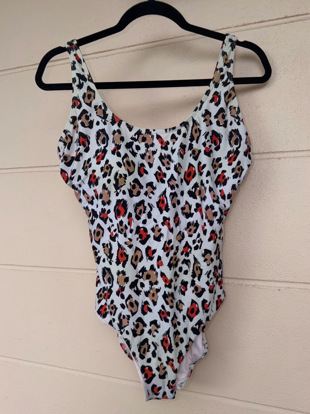 F&F Women's Leopard Print One-Piece Swimsuit in White, Red, and Tan